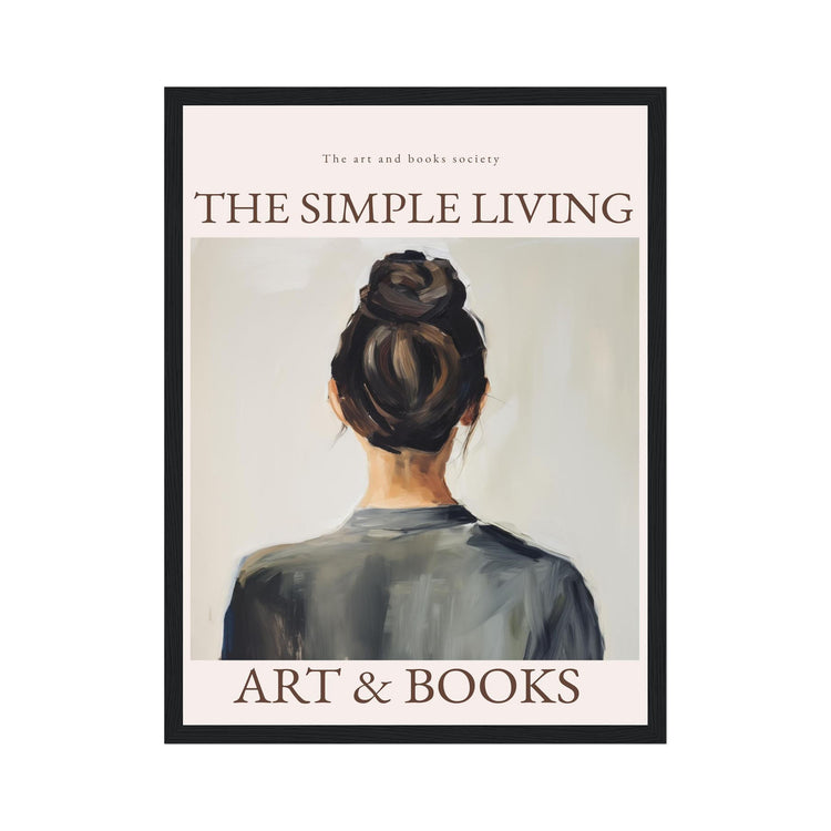 Poster with a woman's back and 'The Simple Living Art & Books' text on a light background