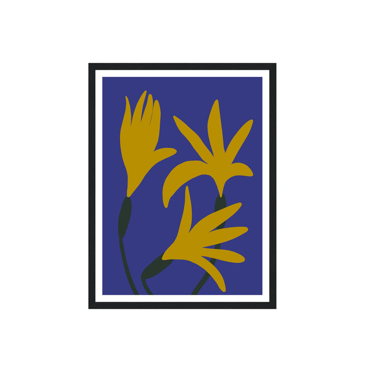 Framed artwork with yellow floral design on a blue background