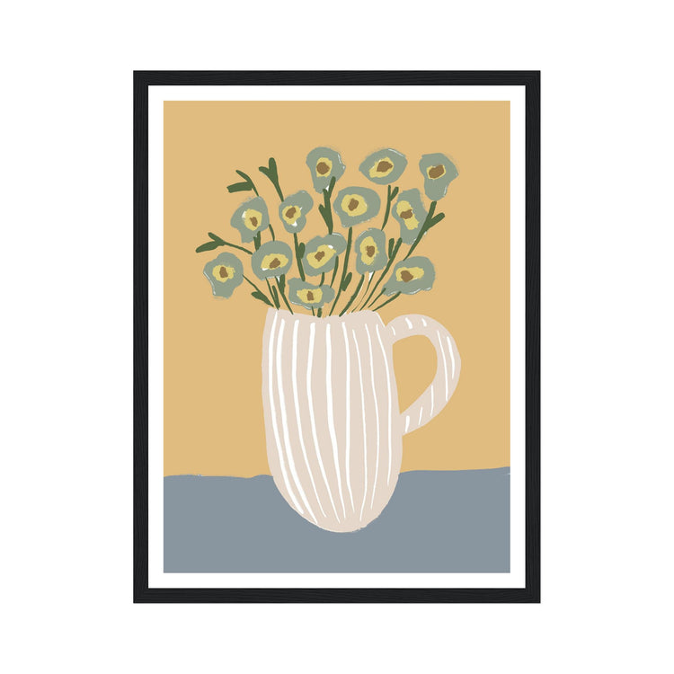 Framed artwork of a white mug with flowers on a beige and blue background