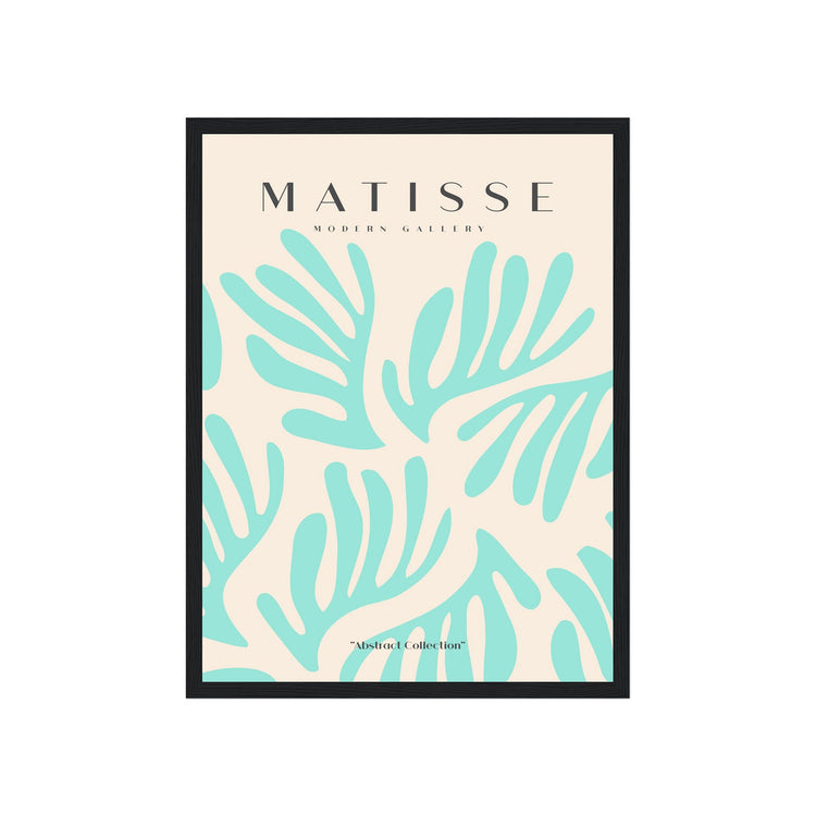 Framed artwork with turquoise leaf pattern and 'Matisse' branding on a beige background
