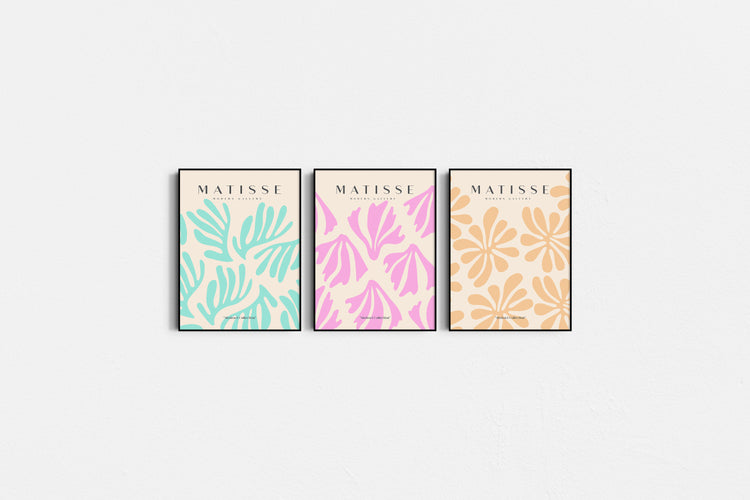 Three Matisse art prints with floral designs on a white background