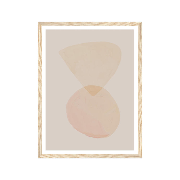 Framed abstract art print with geometric shapes on a beige background