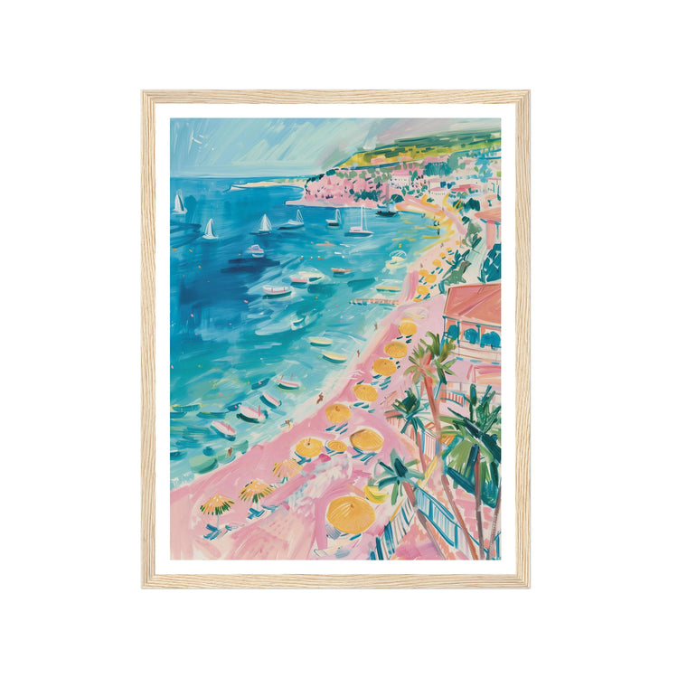 Framed artwork of a coastal scene with boats and a pink beach.