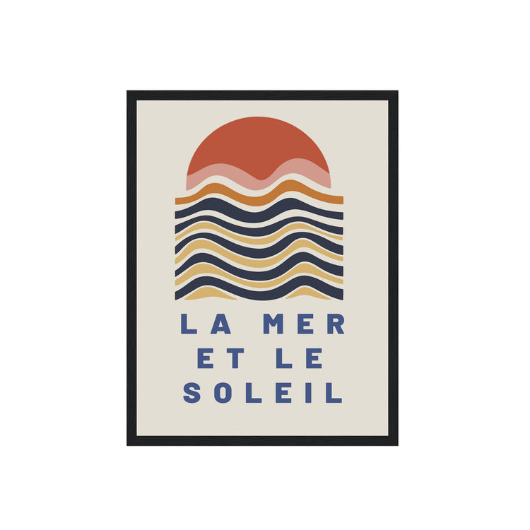 Framed artwork with a sunset design and text 'La Mer et le Soleil' on a beige background.