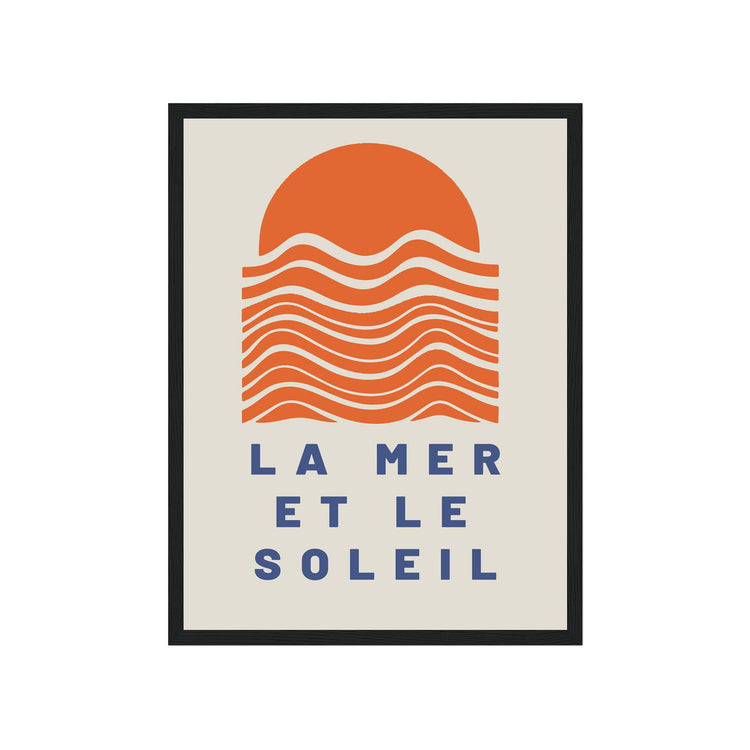 Framed artwork with an orange sun and wavy lines on a beige background, featuring the text 'La Mer et le Soleil'.