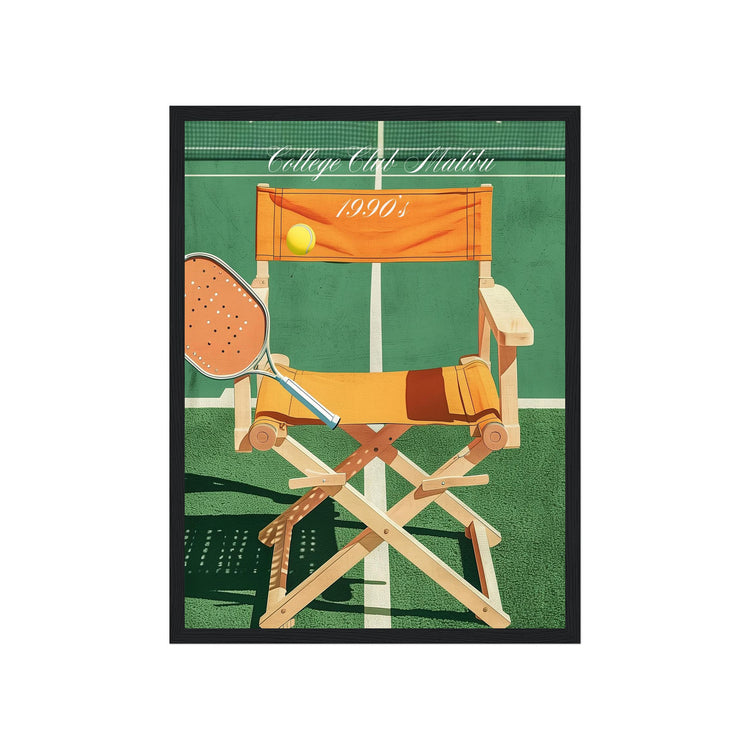 Director's chair with sports equipment on a green background, resembling a tennis court.