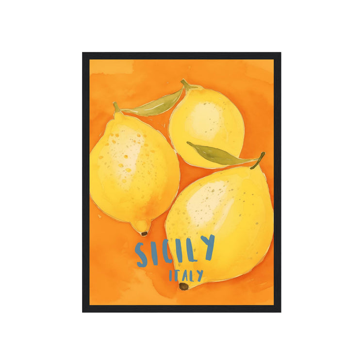 Framed artwork with lemons and 'Sicily Italy' text on an orange background