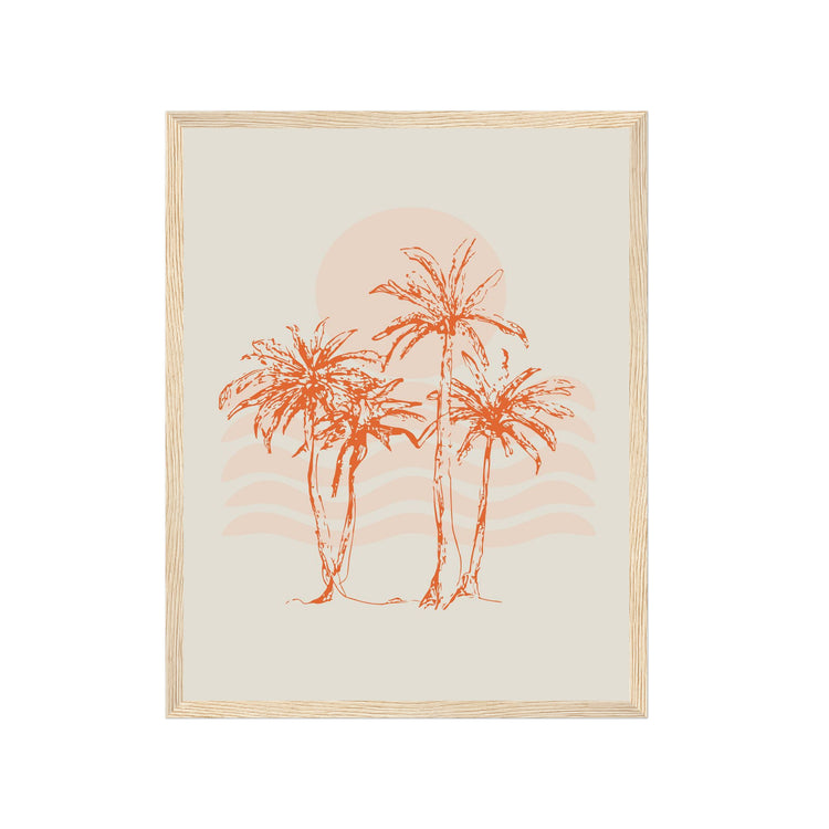 Framed artwork with orange palm trees on a beige background