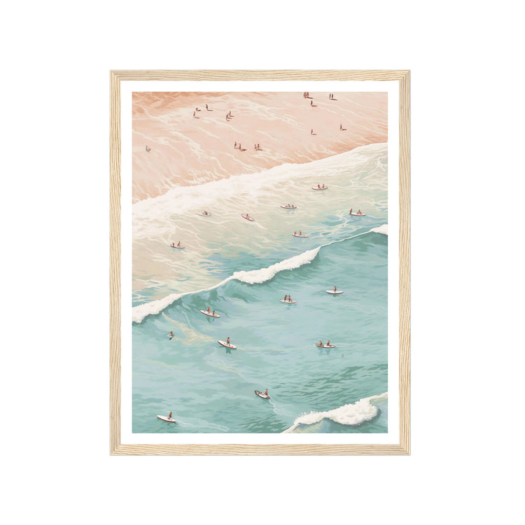 Framed artwork of a beach scene with people in the water and on the sand.