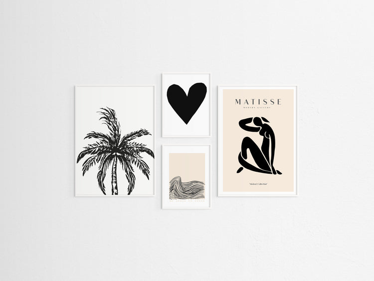 Set of four framed artworks on a white wall, including a palm tree, heart, abstract figure, and text.