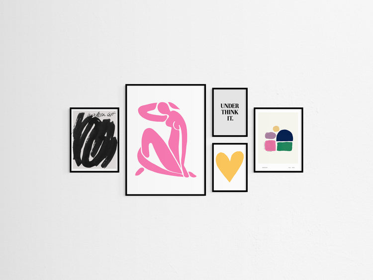 Five framed pop of colour artworks on a white wall