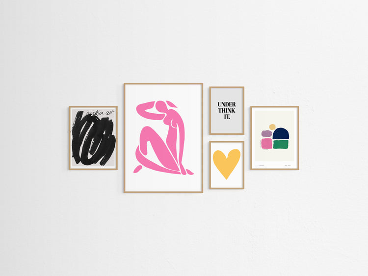 Five framed pop of colour artworks on a white wall