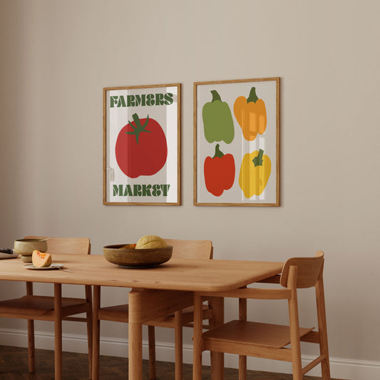 Farmer's market art prints in rustic kitchen
