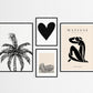 Set of four framed artworks on a white wall, featuring a palm tree, heart, abstract figure, and text.