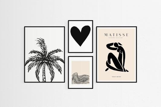 Set of four framed artworks on a white wall, featuring a palm tree, heart, abstract figure, and text.