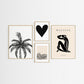 Set of four framed artistic prints on a white wall