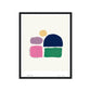Framed abstract art print with colorful shapes on a white background