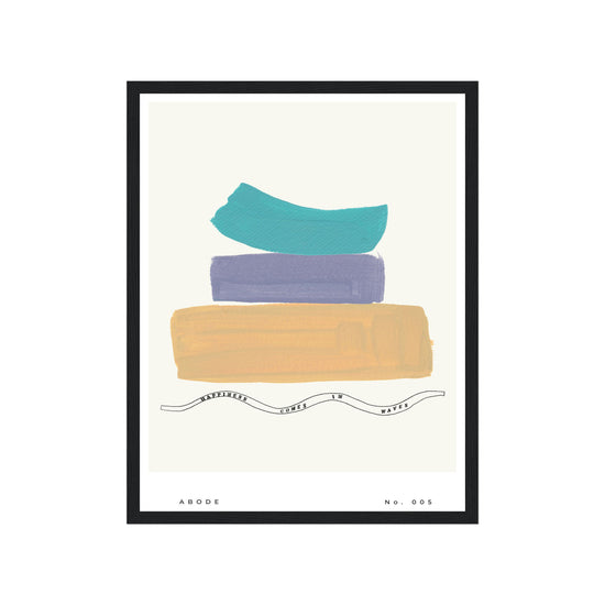 Framed abstract art print with colorful shapes on a white background