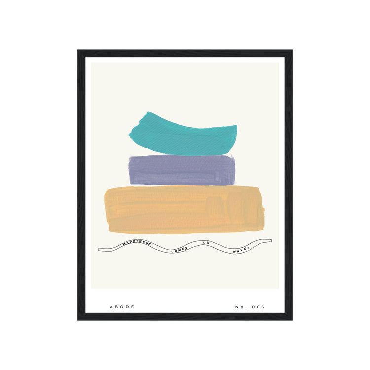 Framed abstract art print with colorful shapes on a white background