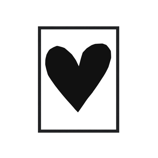 Black heart shape in a white frame on a white background
