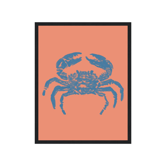 Framed artwork of a blue crab on a peach background