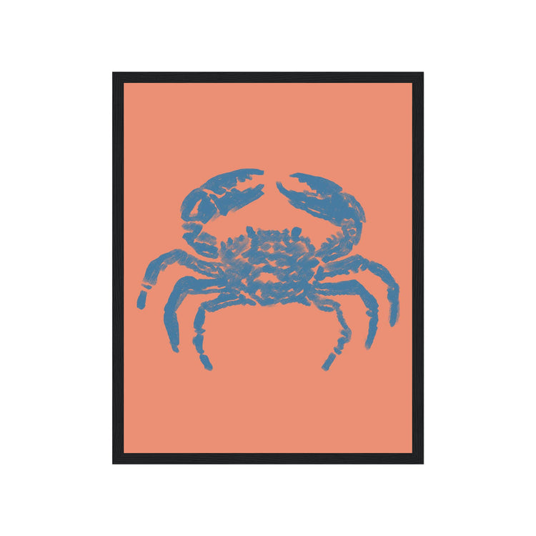 Framed artwork of a blue crab on a peach background