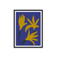 Framed artwork with yellow floral design on a blue background