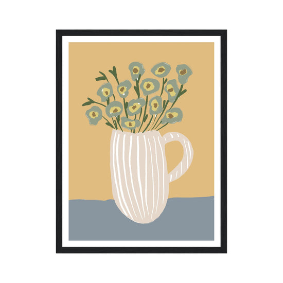 Framed artwork of a white mug with flowers on a beige and blue background