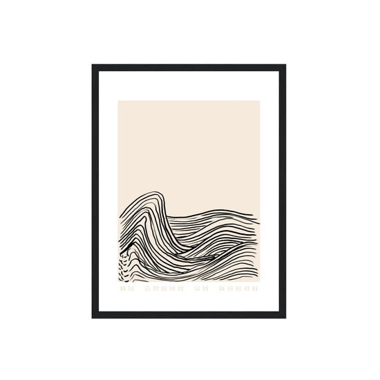 Framed artwork with wavy line design on a beige background
