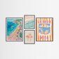 Set of four framed beach-themed artworks on a white wall