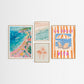 Set of four framed beach-themed artworks on a white wall