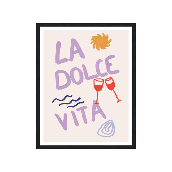 Framed artwork with 'La Dolce Vita' text and graphics on a beige background