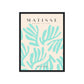 Framed artwork with turquoise leaf pattern and 'Matisse' branding on a beige background