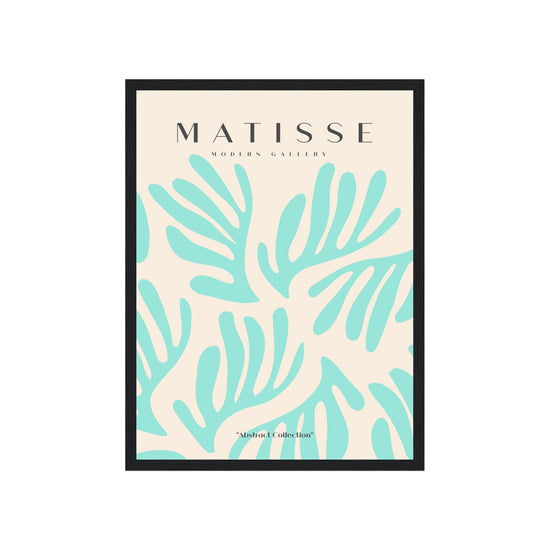 Framed artwork with turquoise leaf pattern and 'Matisse' branding on a beige background