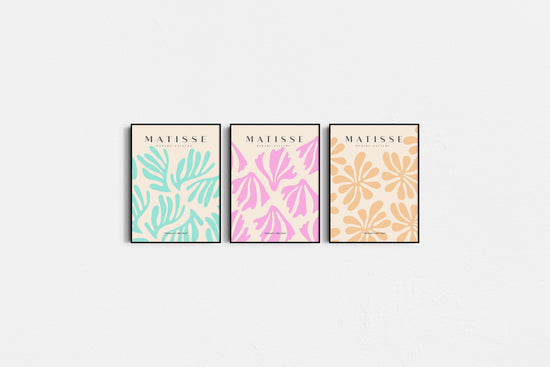 Three Matisse art prints with floral designs on a white background