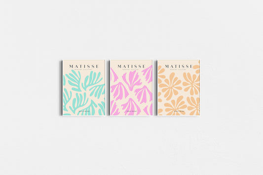 Three Matisse patterned nart print with colourful designs on a white background