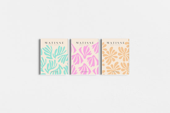 Three Matisse patterned nart print with colourful designs on a white background