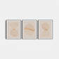 Three abstract art prints with geometric shapes on a white background
