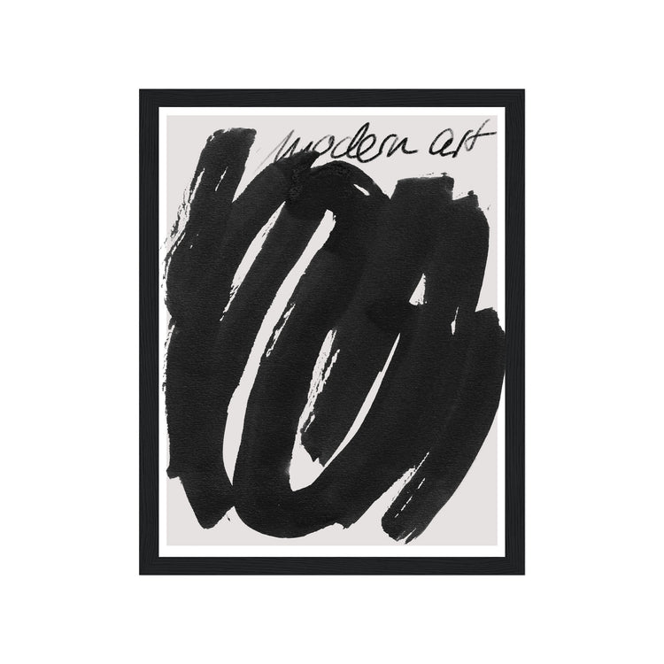 Framed abstract black brushstroke art on a white background with 'Modern Art' text.