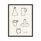 Framed artwork with line drawings of vases and cups on a beige background