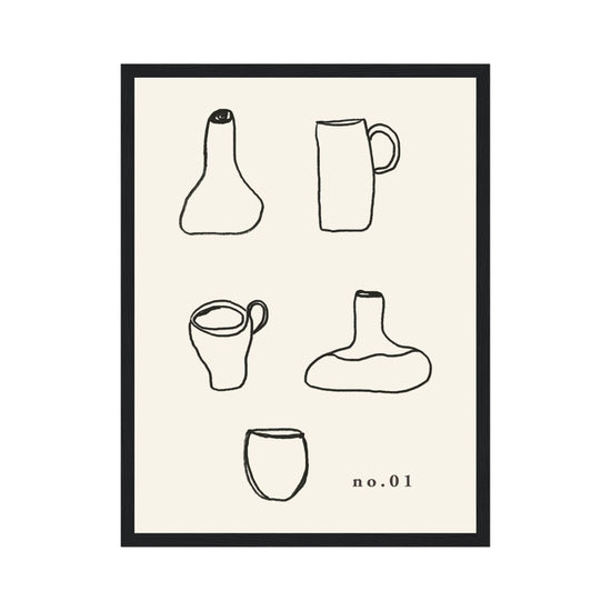 Framed artwork with line drawings of vases and cups on a beige background