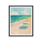 Framed artwork of a beach scene with a yellow umbrella, blue sky, and green water.