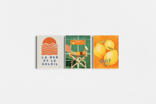 Three colorful posters with text and graphics on a white background