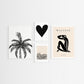Set of four framed artworks on a white wall, including a palm tree, heart, abstract figure, and text.