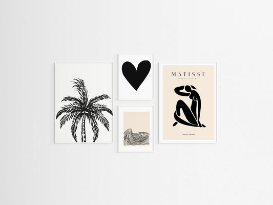 Set of four framed artworks on a white wall, including a palm tree, heart, abstract figure, and text.