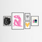Five framed pop of colour artworks on a white wall