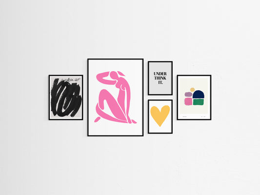 Five framed pop of colour artworks on a white wall