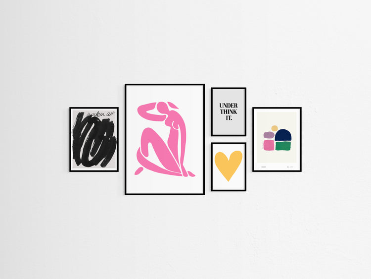 Five framed pop of colour artworks on a white wall