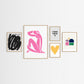 Five framed pop of colour artworks on a white wall