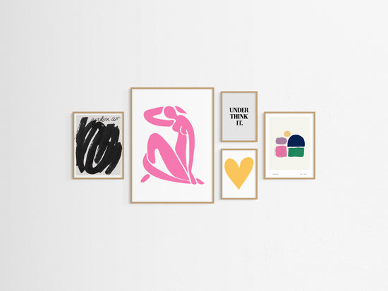 Five framed pop of colour artworks on a white wall
